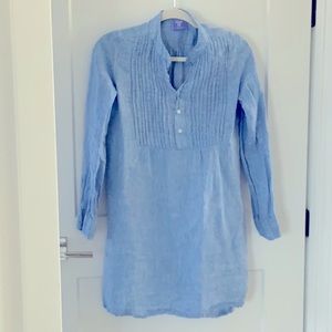 Linen pleated top tunic dress with long sleeves in a beautiful blue